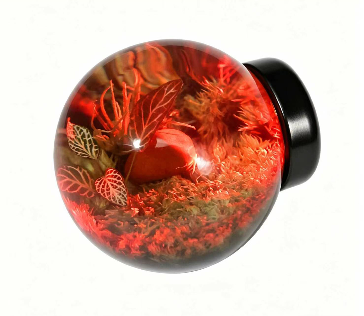 Preserved moss micro landscape door knob with red LED light, romantic and warm resin door handle for bedroom and special occasion decor, SunKnob glowing interior hardware