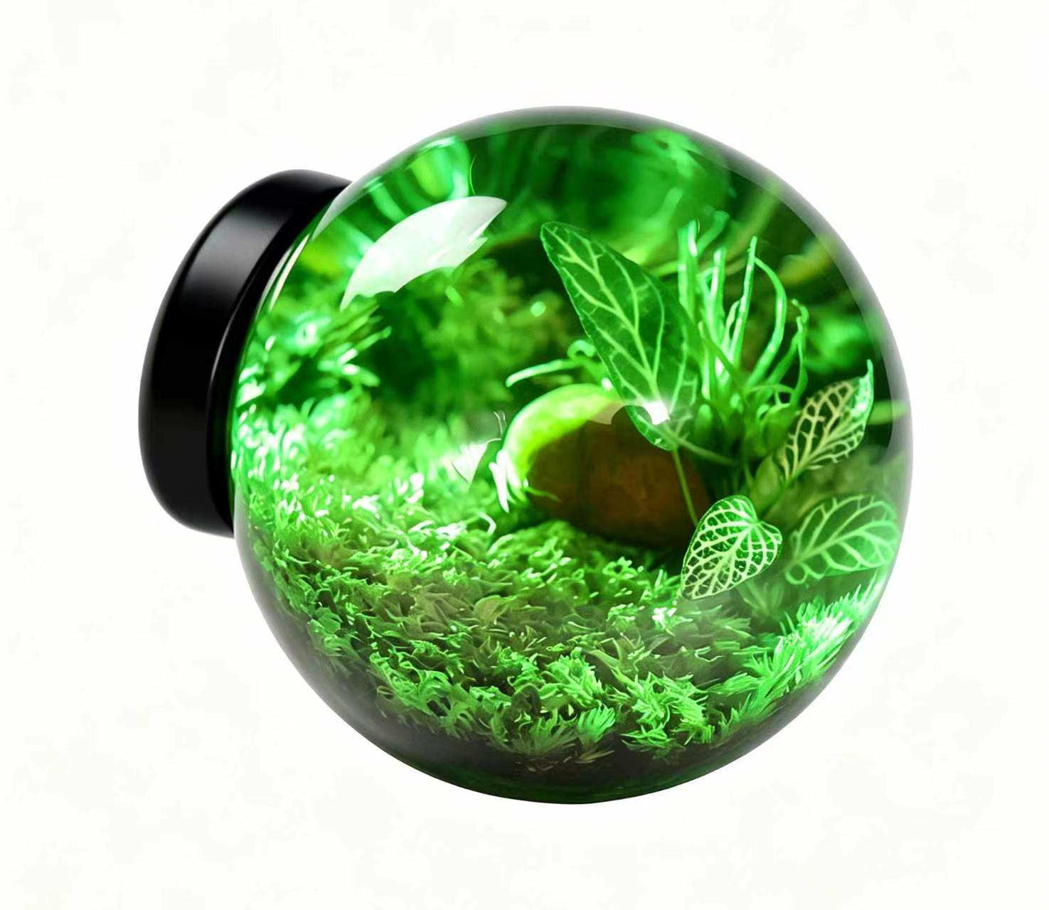 Preserved moss forest resin door knob with green LED light, calming and natural glowing door handle for boho, cottage and nature-inspired home decor, SunKnob micro landscape design
