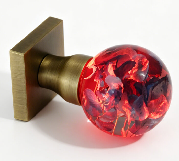 Red-Illuminated Hydrangea Resin Door Knob Handcrafted Hydrangea Resin Door Knob with Red Illumination and Antique Bronze Square Base