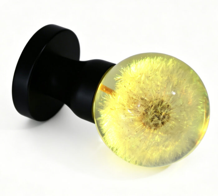 Dandelion Resin Door Knob with Warm Yellow Light Handcrafted Dandelion Resin Door Knob with Warm Yellow Illumination, featuring a Round Black Brass Base