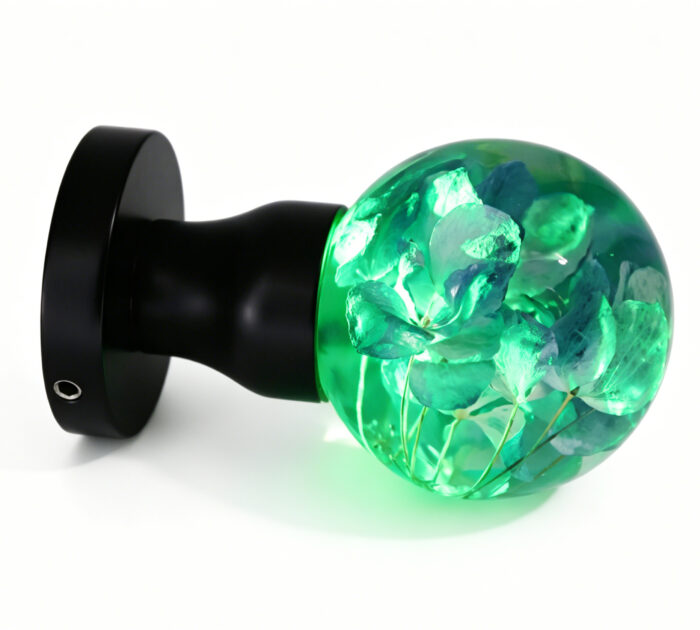 Hydrangea Resin Door Knob with Cyan Illumination Handcrafted Hydrangea Resin Door Knob Emitting a Cyan Glow, with a Round Black Brass Base