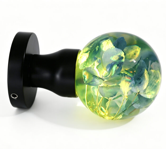 Hydrangea Resin Door Knob with Warm Yellow Lighting Handcrafted Hydrangea Resin Door Knob Emitting a Warm Yellow Glow, with a Round Black Brass Base