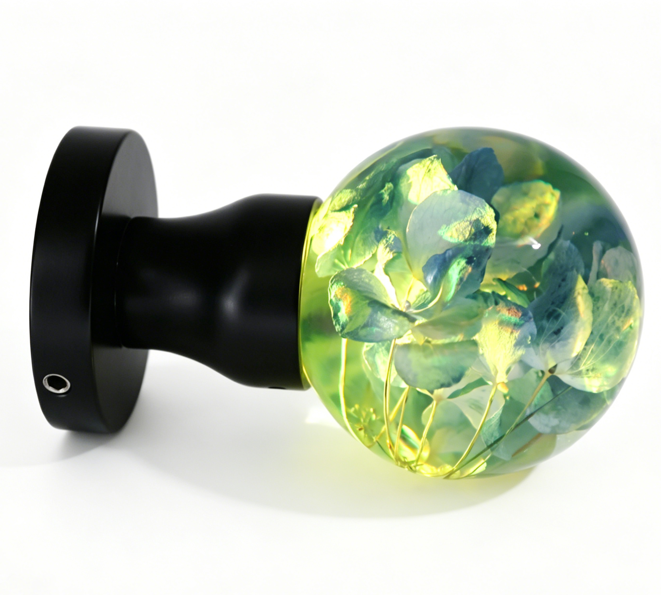 Handcrafted Hydrangea Resin Door Knob Emitting a Warm Yellow Glow, with a Round Black Brass Base