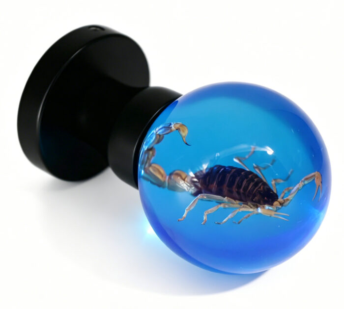 Blue-Illuminated Scorpion Resin Door Handle Specimen Scorpion Resin Door Handle with Blue Illumination, Mounted on a Round Black Brass Base