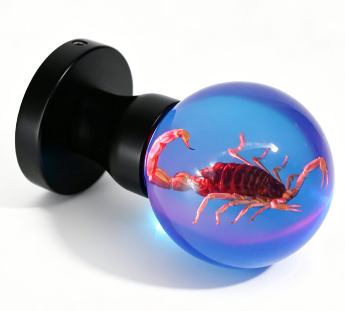 Pink-Illuminated Resin Door Handle with Embedded Scorpion Resin Door Knob with Embedded Scorpion and Pink Illumination, Mounted on a Round Black Brass Base