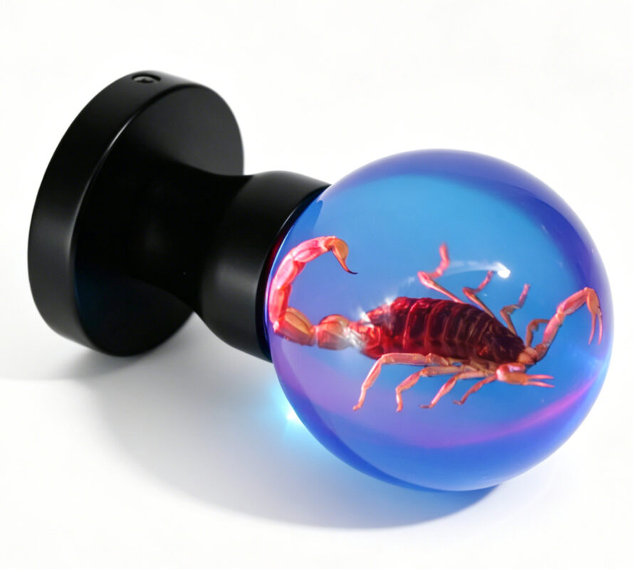 Scorpion Specimen LED Door Knob: Dark Aesthetic Guardian Hardware With Ambient Light Resin Door Knob with Embedded Scorpion and Pink Illumination, Mounted on a Round Black Brass Base
