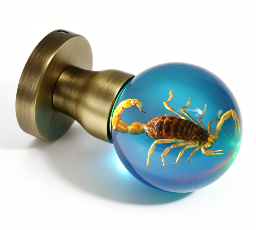 Scorpion Specimen LED Door Knob: Dark Aesthetic Guardian Hardware With Ambient Light Pink-Illuminated Hydrangea Resin Door Handle