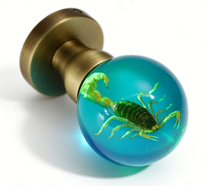 Specimen Scorpion Resin Door Handle with Cyan Illumination Specimen Scorpion Resin Door Knob with Cyan Illumination, Mounted on a Round, Copper-Toned Brass Base