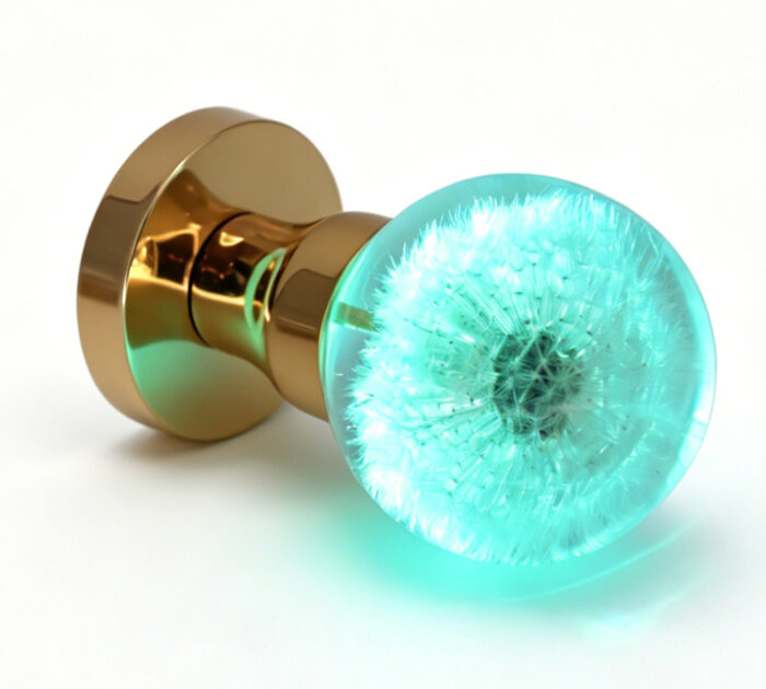 Resin Door Handle Featuring a Dandelion with Cyan Illumination Resin Door Knob Featuring a Dandelion with Cyan Illumination, Mounted on a Round Gold Brass Base