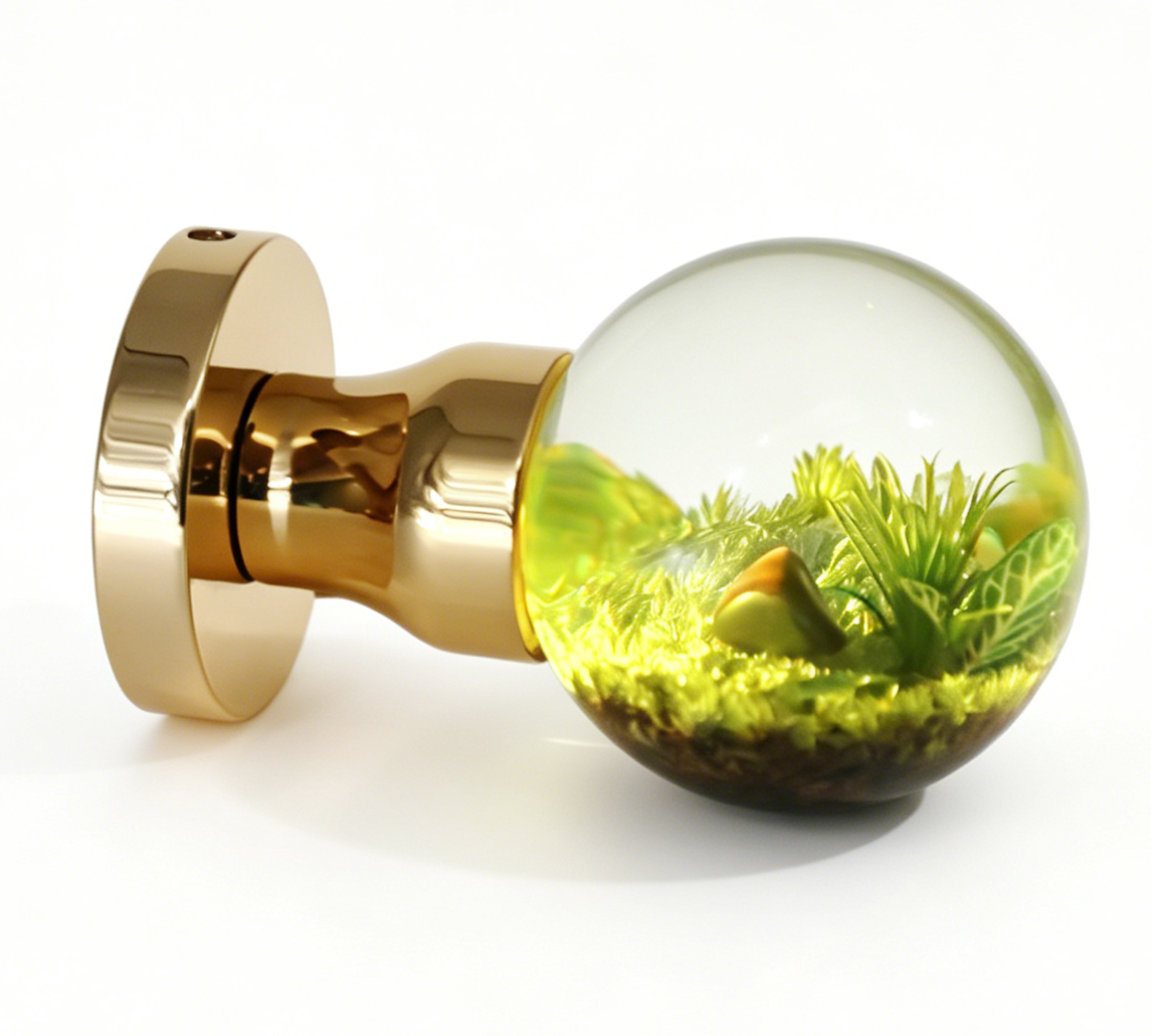A resin door handle with a miniature landscape illuminated by warm yellow light. A resin door knob featuring a miniature landscape that emits a warm yellow glow, mounted on a round, gold-toned brass base.