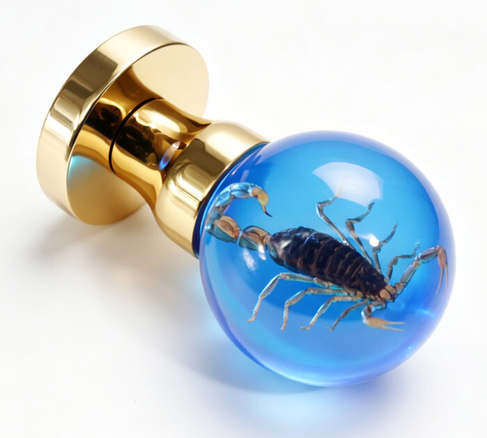 Resin Door Handle with Blue-Illuminated Scorpion Specimen Scorpion Resin Door Knob with Blue Illumination, Mounted on a Round Gold Brass Base