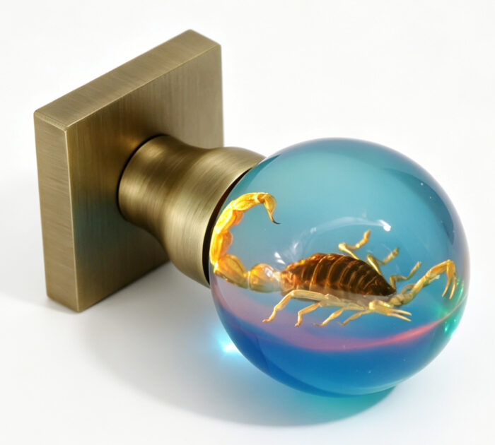 Scorpion Resin Door Knob with Warm Yellow Lighting — 1 Resin Door Knob Featuring a Scorpion and Emitting a Warm Yellow Glow, Mounted on a Square, Copper-Toned Brass Base