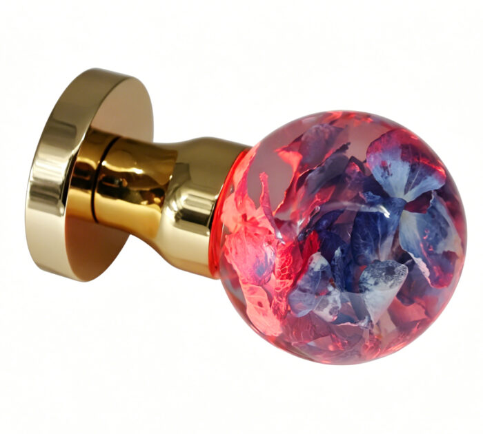 Resin Door Handle with a Light-Emitting Red Hydrangea Handcrafted Resin Door Knob Featuring a Light-Emitting Red Hydrangea, Mounted on a Round Gold Brass Base