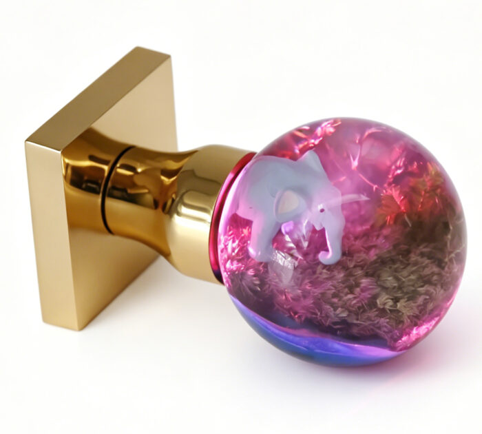 Pink-Illuminated Elephant Resin Door Handle Elephant-Themed Resin Door Knob Emitting Pink Light, Mounted on a Square Gold Brass Base
