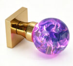 Handcrafted Hydrangea Resin Door Knob with Purple Illumination, Mounted on a Square Gold Brass Base
