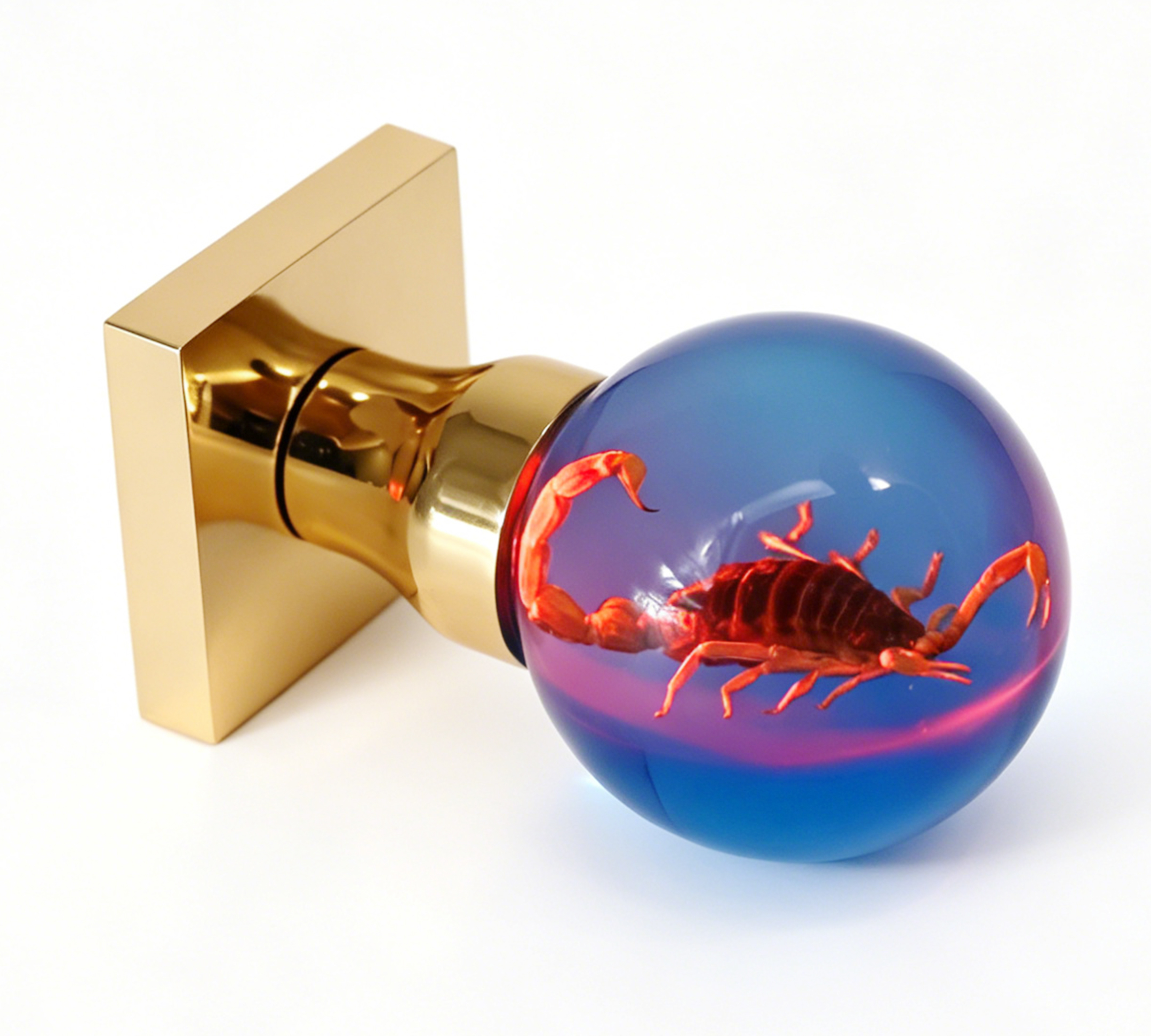 Red-Illuminated Scorpion Resin Door Handle Specimen Scorpion Resin Door Knob with Red Illumination, Mounted on a Square Gold Brass Base