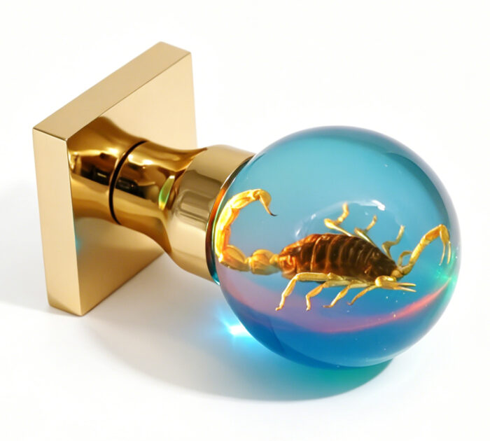 Resin Door Handle with Embedded Scorpion and Warm Yellow Light Resin Door Knob with Embedded Scorpion and Warm Yellow Light, Mounted on a Square Gold Brass Base
