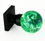 Handcrafted Resin Door Knob Featuring a Glowing Green Hydrangea, Mounted on a Square Black Brass Base