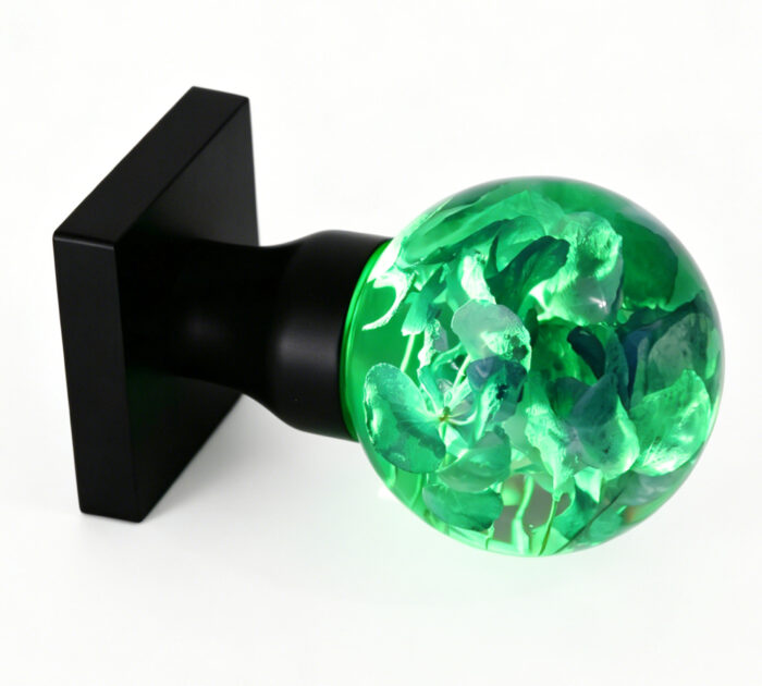 Green-Illuminated Hydrangea Resin Door Knob Handcrafted Resin Door Knob Featuring a Glowing Green Hydrangea, Mounted on a Square Black Brass Base
