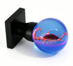 Specimen Scorpion Resin Door Knob with Red LED Illumination, Mounted on a Square Black Brass Base