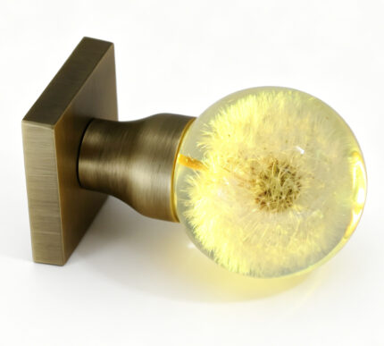 Dandelion Resin Door Handle Emitting Yellow Light, with an Antique Bronze Square Base