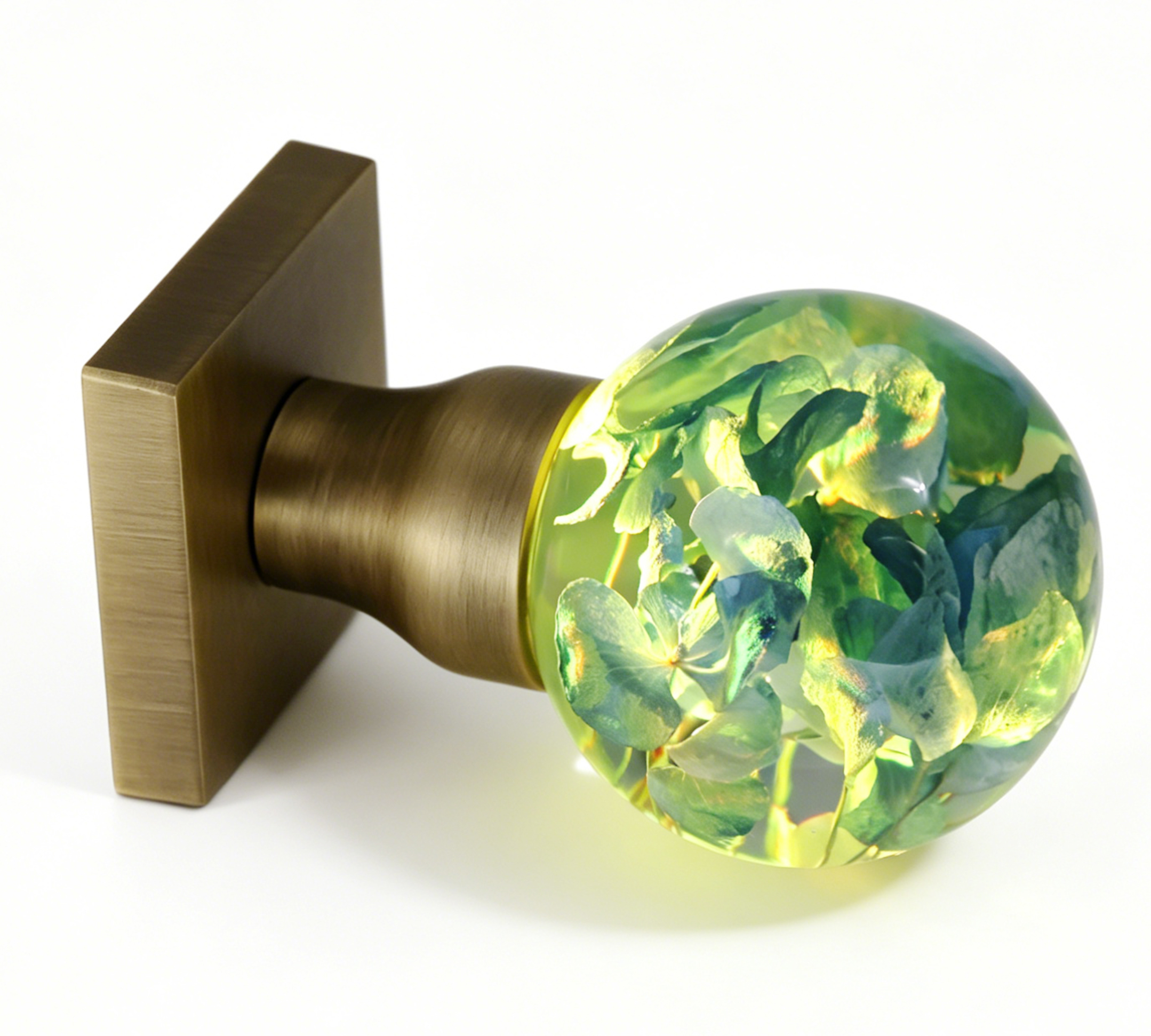 The Story Behind SunKnob’s Fantasy Creations Handcrafted Hydrangea Resin Door Knob Emitting a Warm Yellow Glow, with an Antique Bronze Square Base