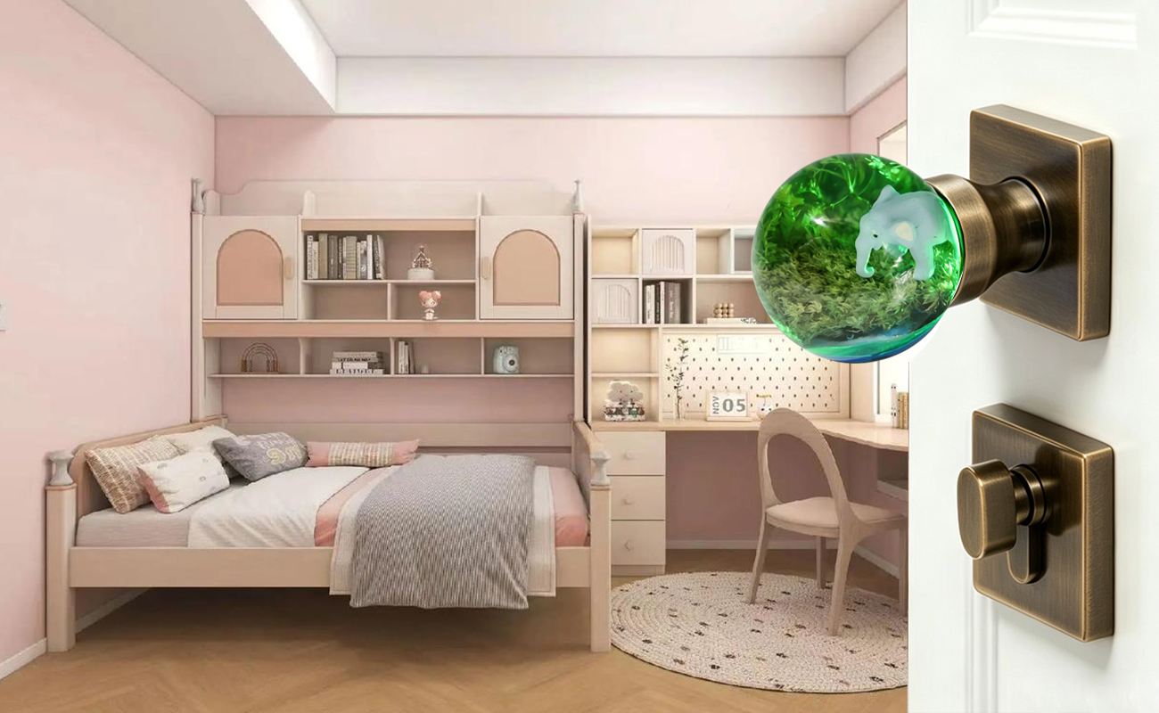Dreamy Elephant Ocean Forest LED Resin Door Knob for Kids Room, handcrafted miniature landscape, 6-color LED light, brass base, decorative interior door handle