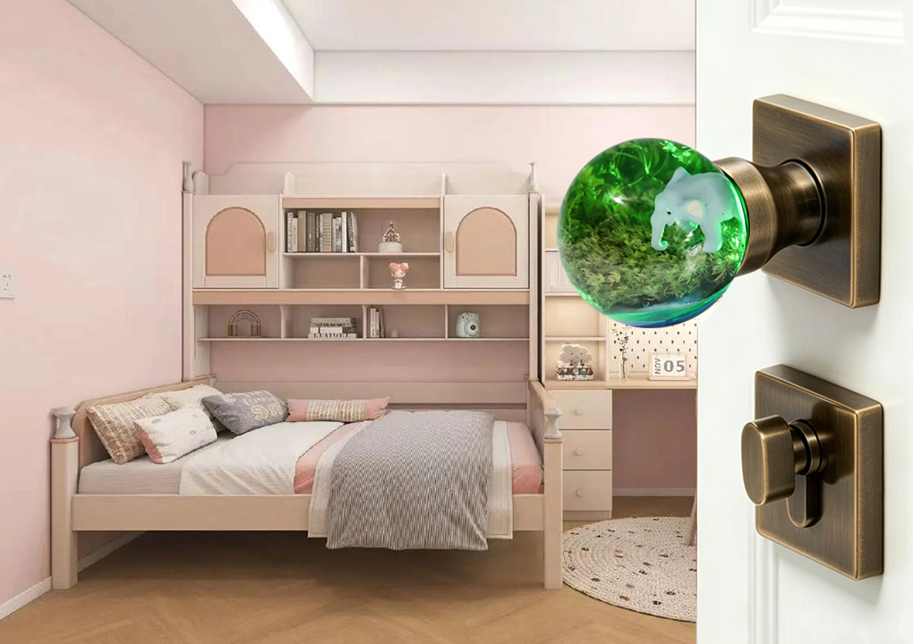 Fantasy Elephant LED resin door knob installed on a child’s bedroom door with ambient purple glow illuminating the ocean forest miniature