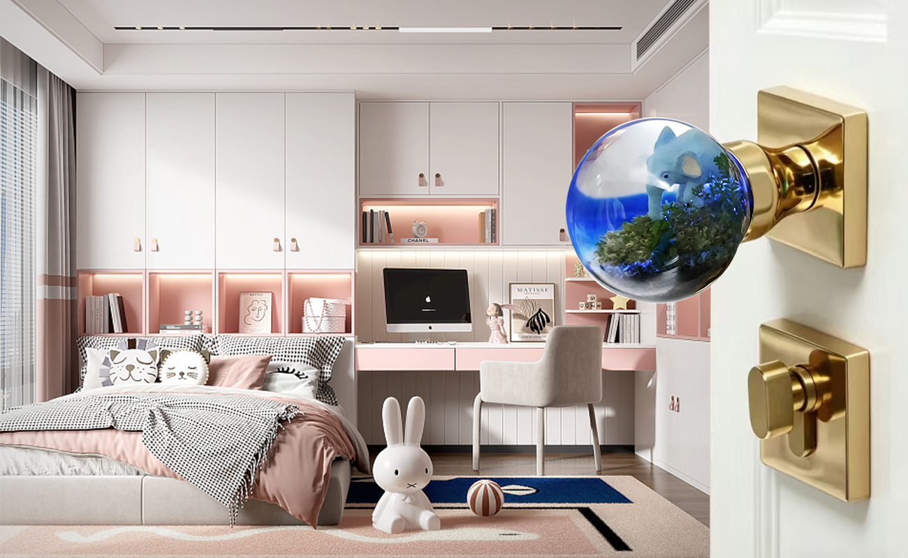 Dreamy Elephant Ocean Forest LED Resin Door Knob for Kids Room, handcrafted miniature landscape, 6-color LED light, brass base, decorative interior door handle