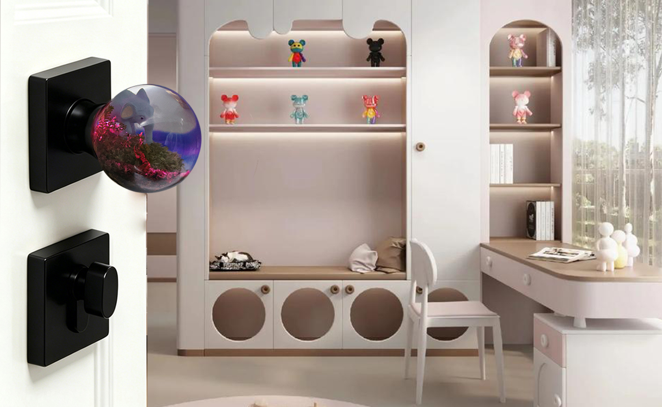 Dreamy Elephant Ocean Forest LED Resin Door Knob for Kids Room, handcrafted miniature landscape, 6-color LED light, brass base, decorative interior door handle